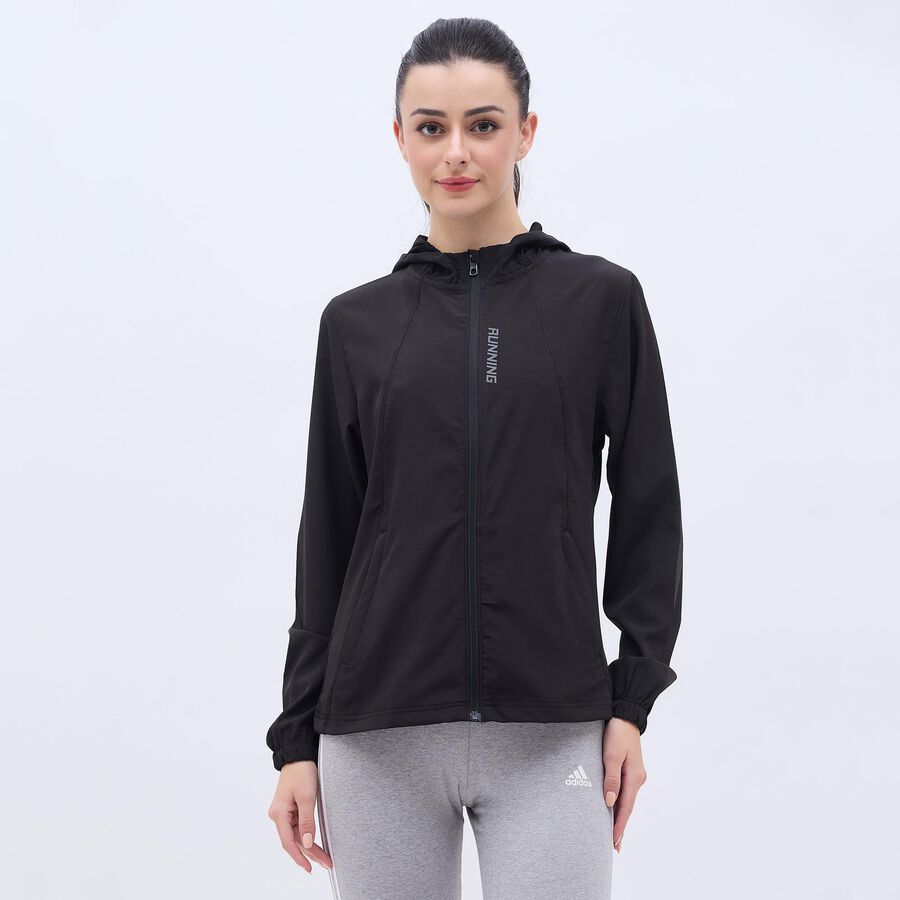 Women's Jet Black Hooded Athleisure Jacket, काला, large image number null