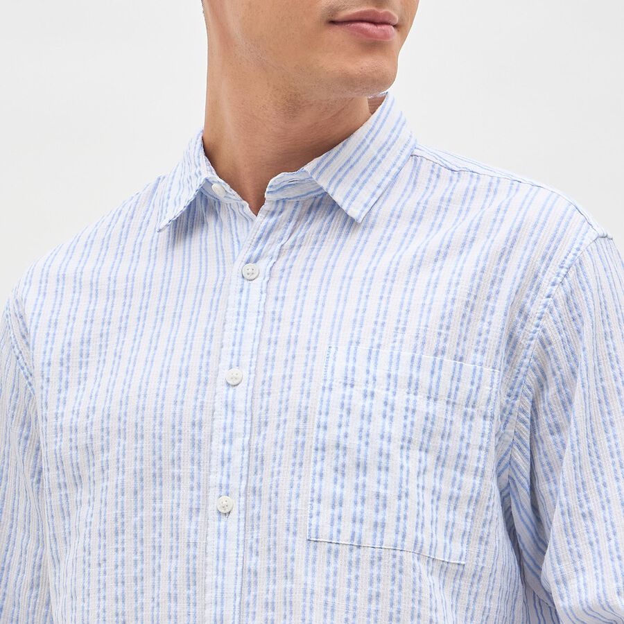 Men's White and Blue Classic Collar Striped Shirt, White, large image number null