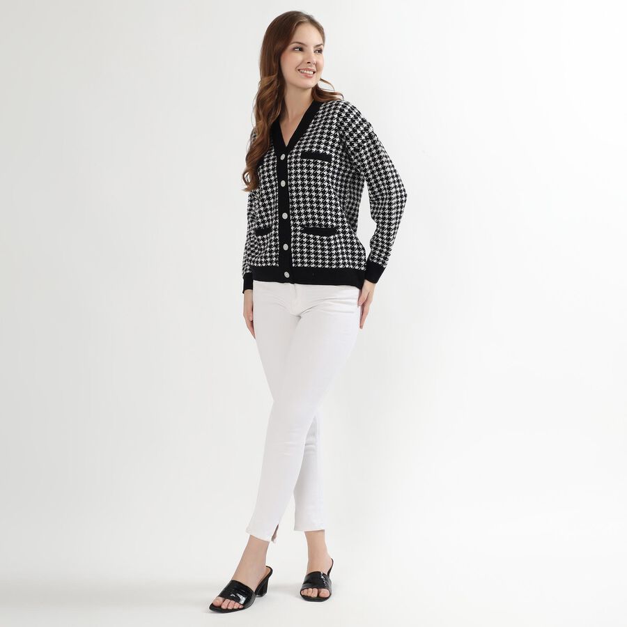Women's Black and White V-Neck Classic Cardigan, Black, large image number null