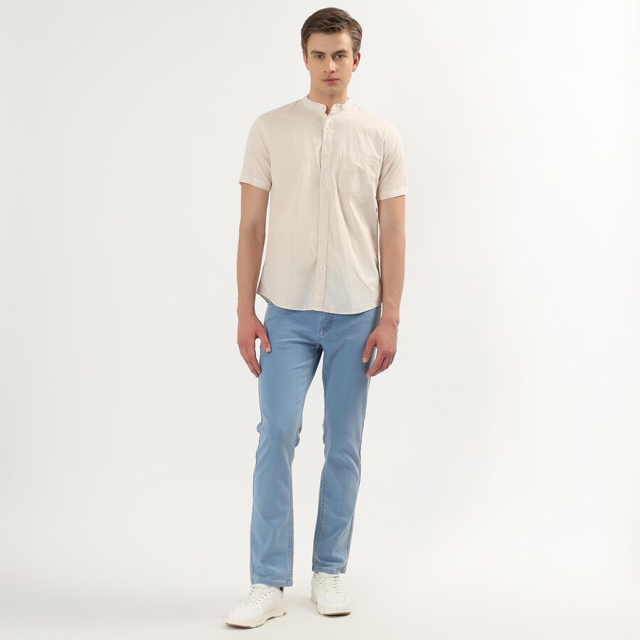 Men's Beige Cotton Half Sleeve Mandarin Collar Casual Shirt, Beige, large