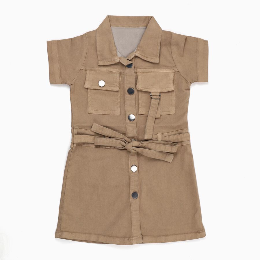 Girls' Beige Shirt-Style Cotton Blend Casual Frock, Beige, large image number null