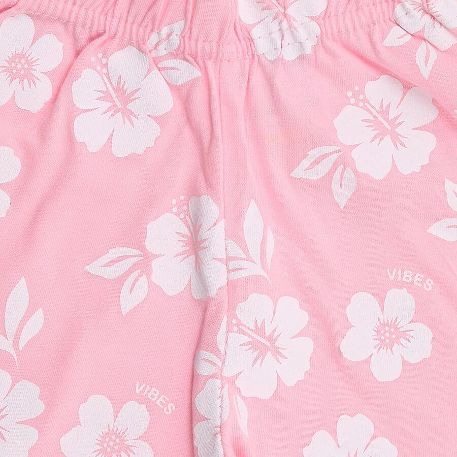 Girls' Soft Pink Floral Cotton Blend Shorts, गुलाबी, large
