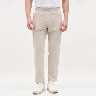 Men's Light Beige Slim Fit Elastic Waist Casual Trousers