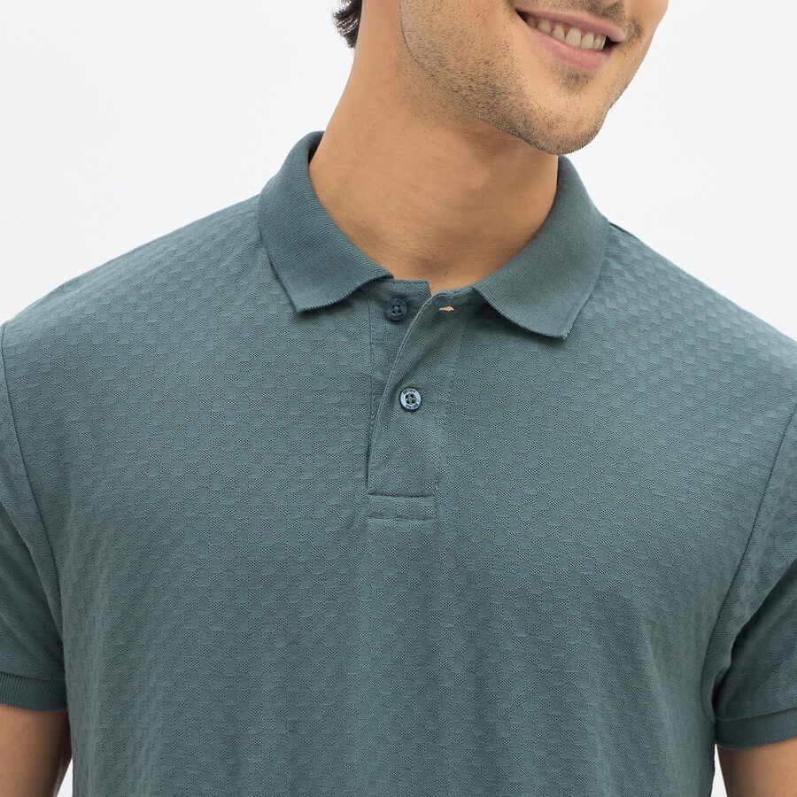 Men's Dark Sage Green Polo Neck Textured T-Shirt, गहरा ग्रे, large image number null
