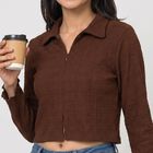 Women's Brown Collared Neck Crop Top, भूरा, small