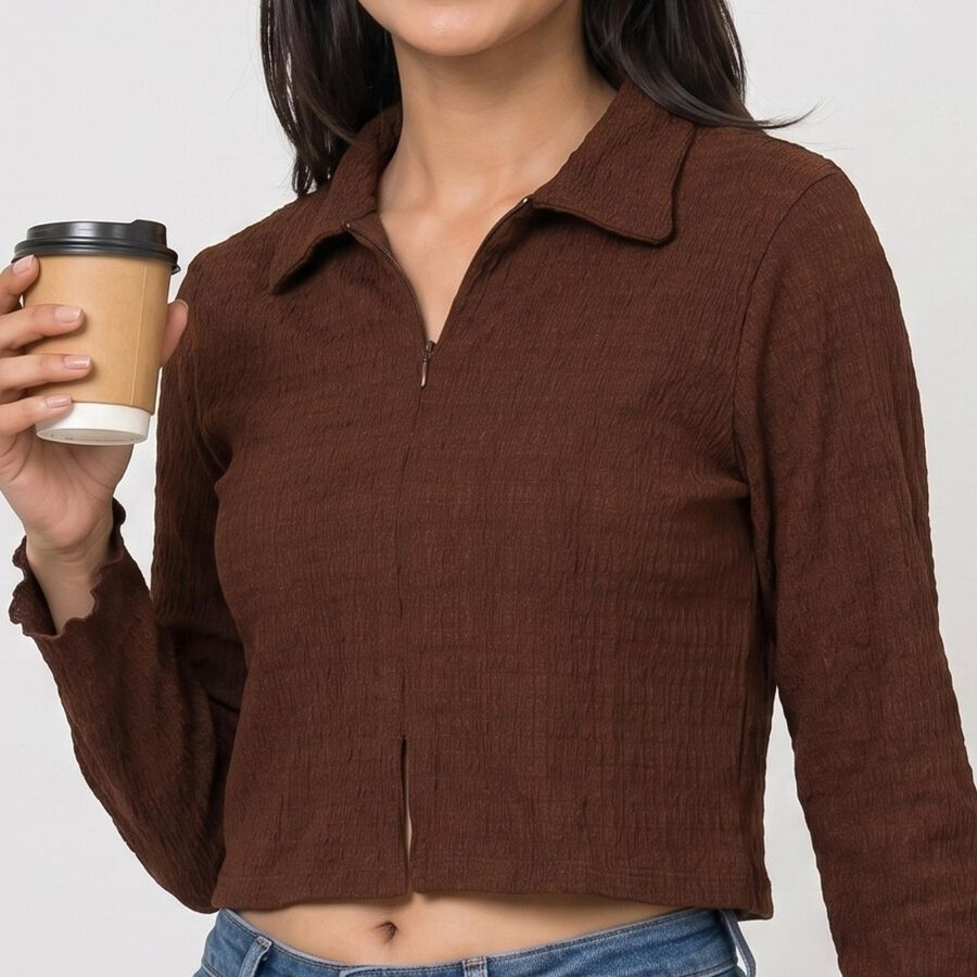Women's Brown Collared Neck Crop Top, भूरा, large