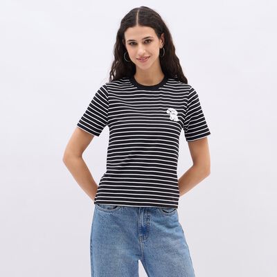 Women's Jet Black Cotton Round Neck Casual T-Shirt