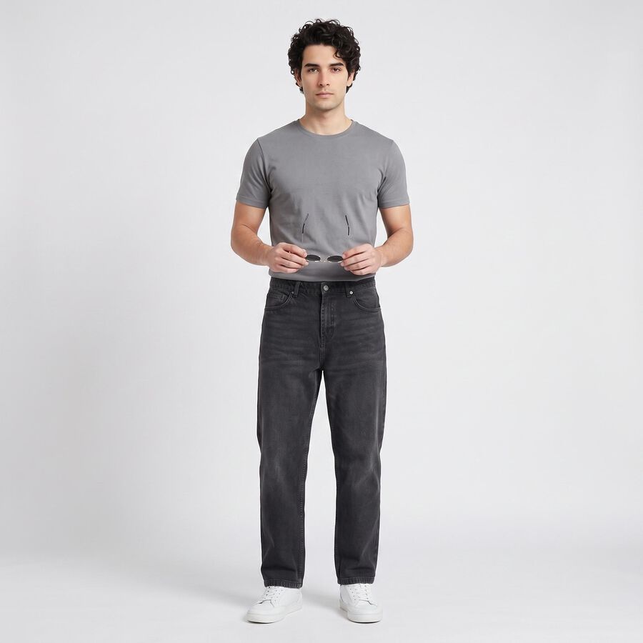 Men's Dark Grey Straight Fit Washed Jeans, गहरा ग्रे, large
