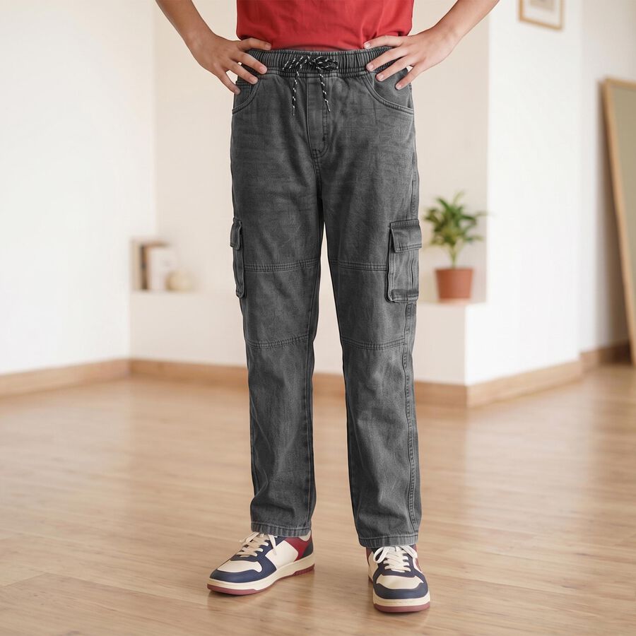 Boys' Dark Grey Regular Fit Cargo Jeans, गहरा ग्रे, large