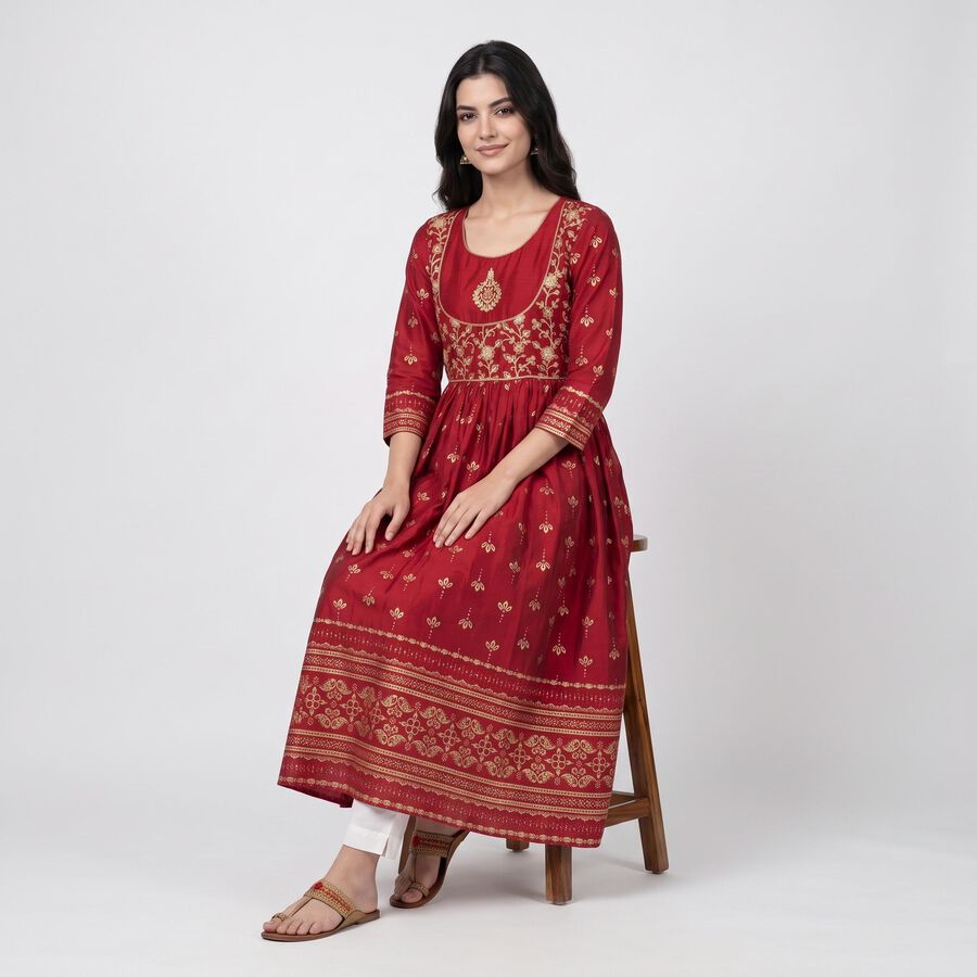 Women's Fuchsia Scoop Neck Embroidered Anarkali Kurta, Fuchsia, large