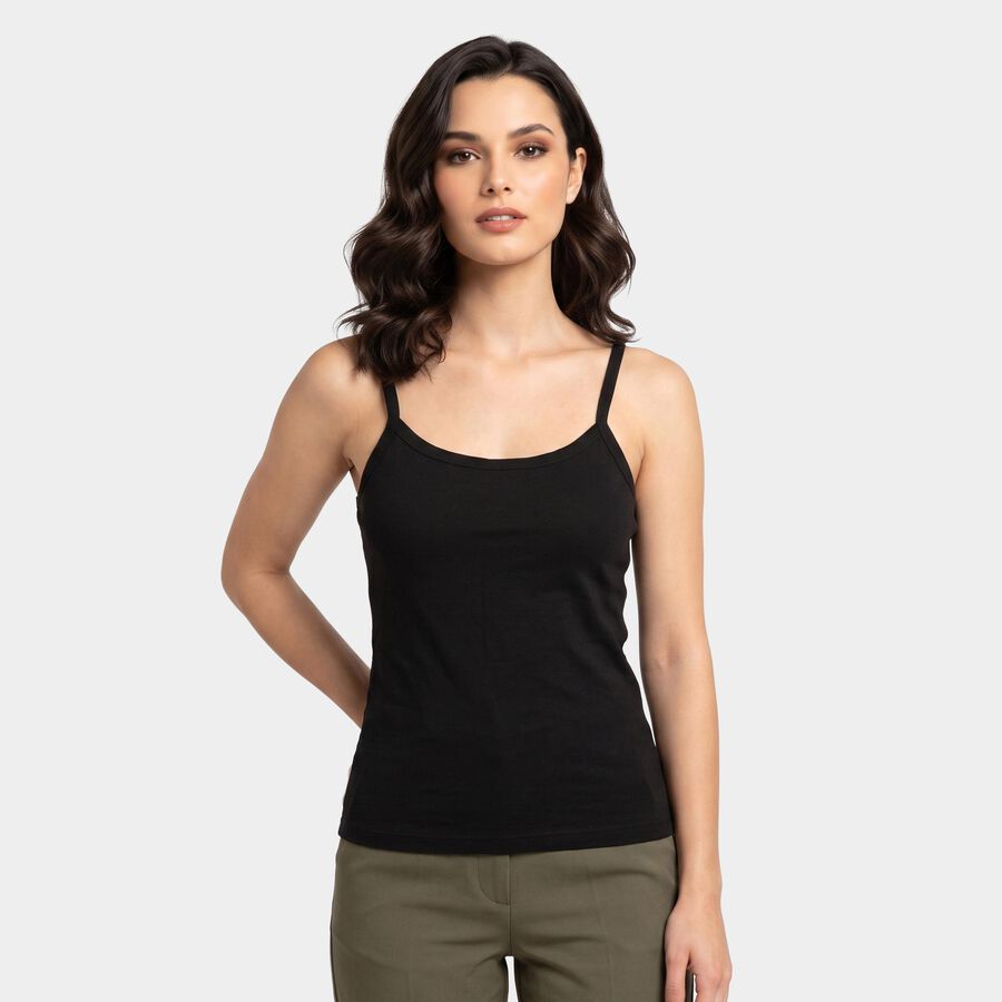 Women's Black Cotton Scoop Neck Camisole Slip, काला, large