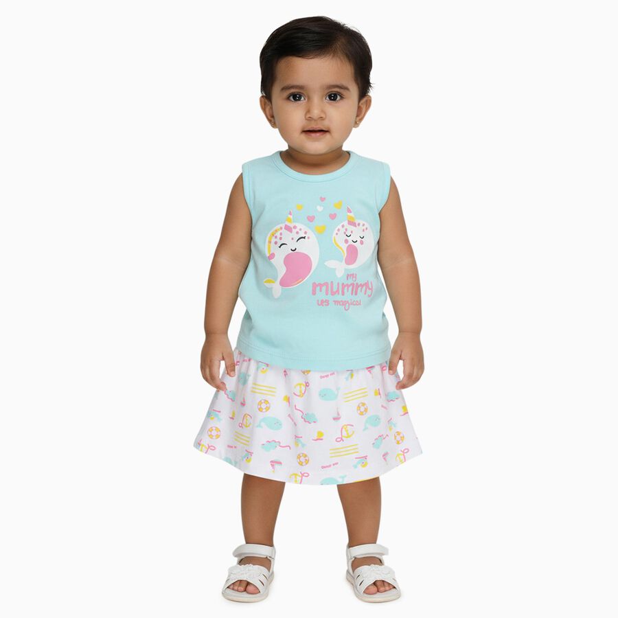 Infants Pastel Blue Cotton Sleeveless Top and Printed Skirt Set, एक्वा, large