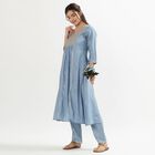 Women's Muted Powder Blue V-Neck Embroidered Flared Kurta, मध्यम नीला, small image number null