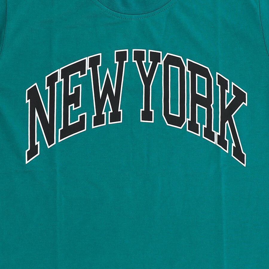 Boys Vibrant Teal Green Crew Neck Casual T-Shirt, गहरा हरा, large image number null