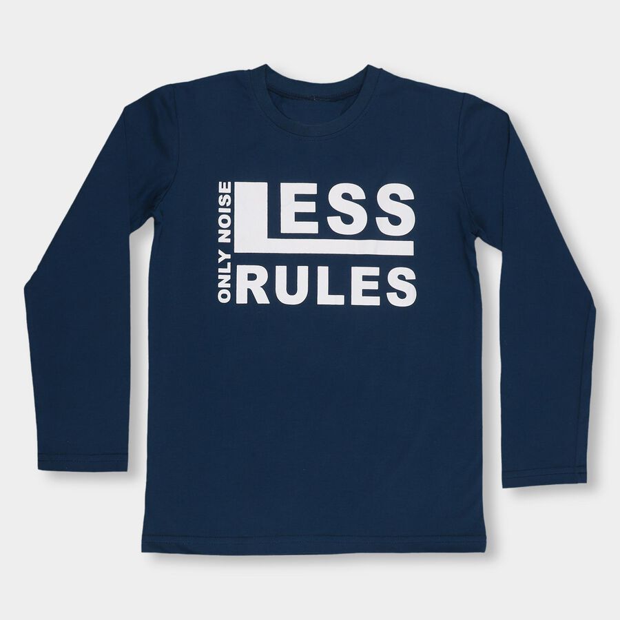 Boys' Navy Blue Round Neck Casual Full Sleeve T-Shirt, Teal Blue, large image number null