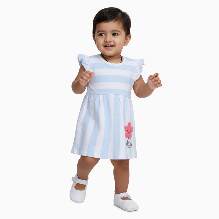 Infants' Light Blue and White Striped Cotton Flutter Sleeve Frock, Aqua, large