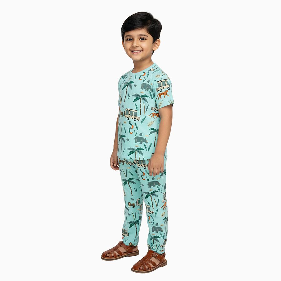 Boys Light Mint Green Cotton Round Neck Animal Print Night Suit, हल्का हरा, large image number null