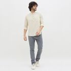 Men's Light Beige Mandarin Collar Self Design Kurta, Beige, small