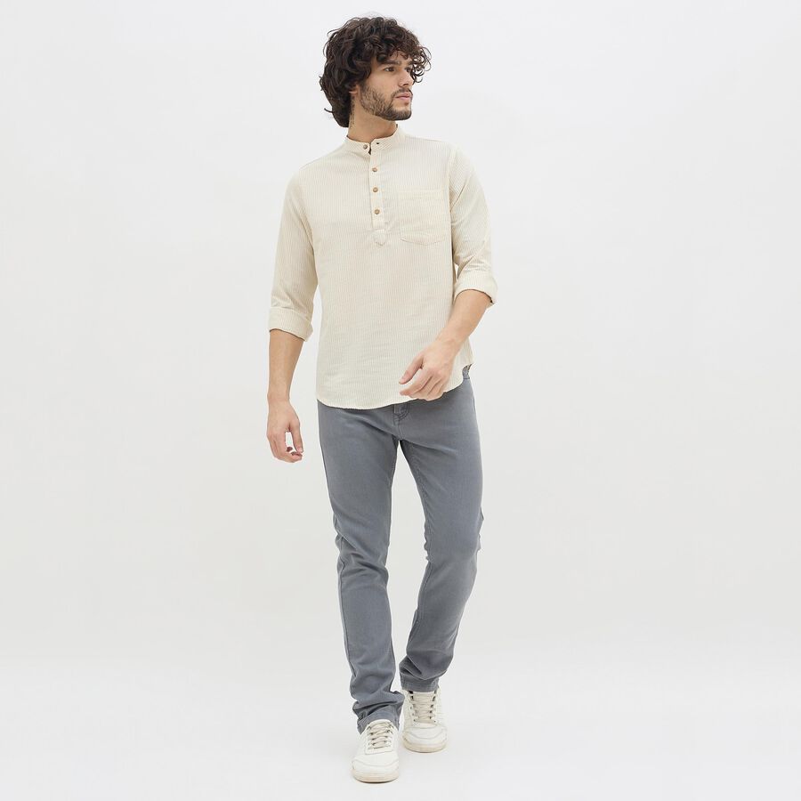 Men's Light Beige Mandarin Collar Self Design Kurta, Beige, large