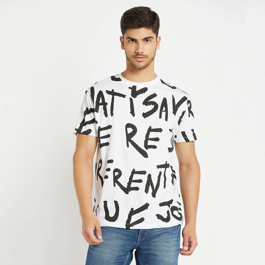 Cotton All Over Print Round Neck T-Shirt, सफ़ेद, large image number null