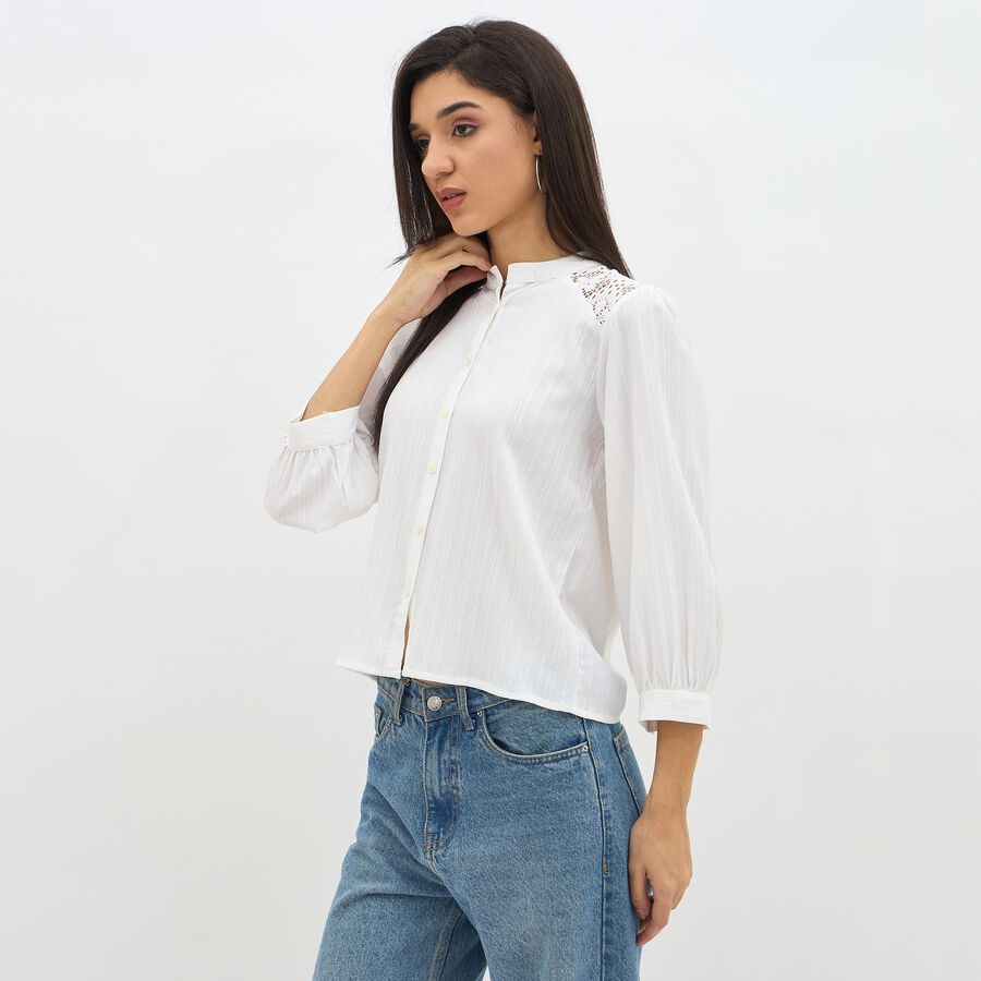 Women's Eggshell White Mandarin Collar Classic Shirt, ऑफ व्हाइट, large image number null