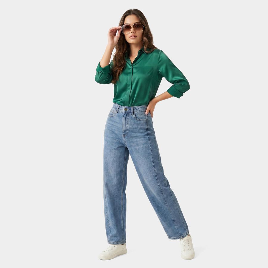 Women's Light Blue Straight Fit High-Rise Jeans, Mid Blue, large