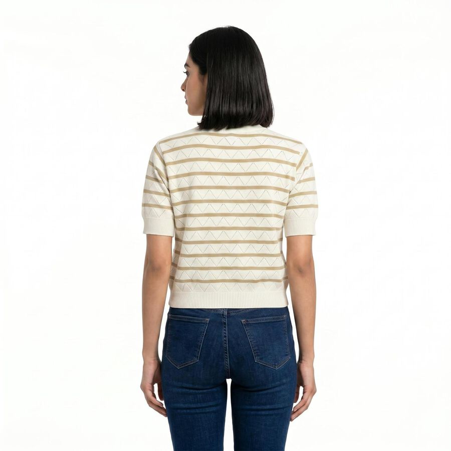 Women's Beige Cotton Round Neck Regular Top, Beige, large