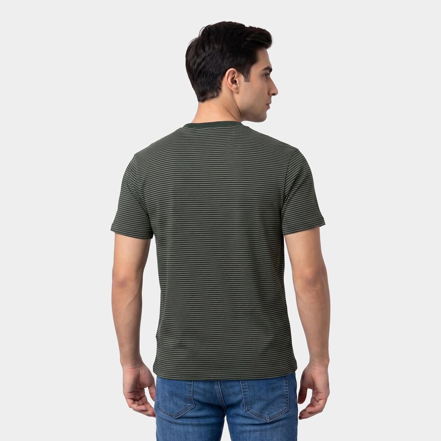 Men's Green Round Neck Striped Regular T-Shirt, Dark Green, large