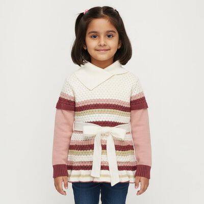 Girls Muted Pink and Cream White Collared Casual Pullover