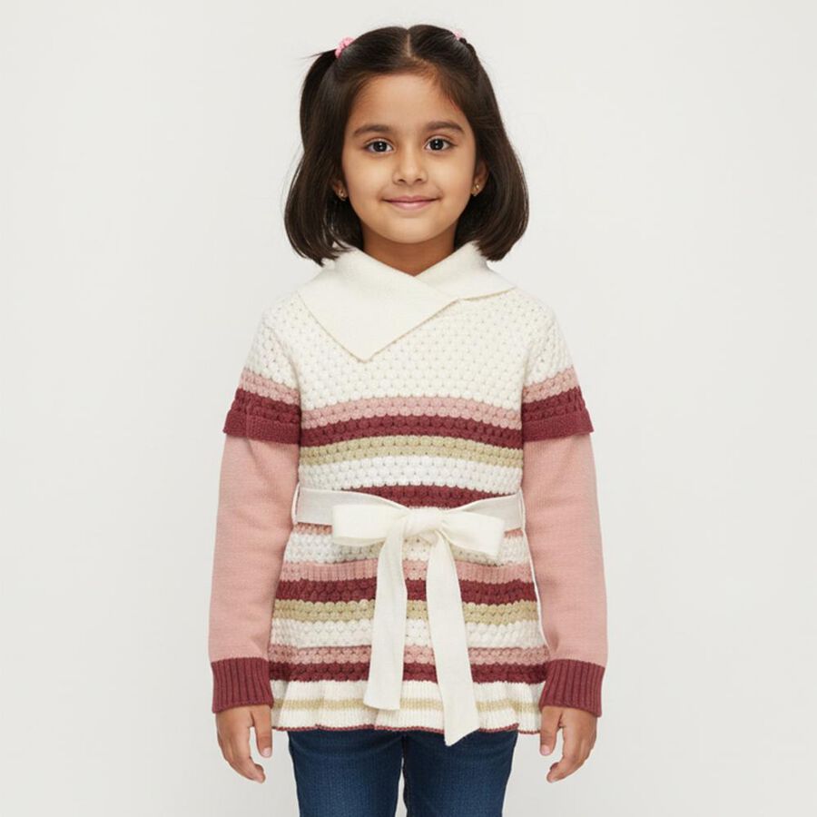 Girls Muted Pink and Cream White Collared Casual Pullover, गुलाबी, large image number null