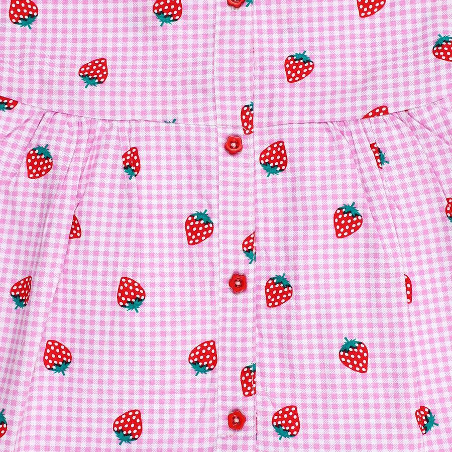 Girls' Light Pink Strawberry Printed Sleeveless A-Line Frock, Pink, large image number null