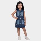 Girls' Blue Sleeveless Shirt Style Button Front Frock, मध्यम नीला, small