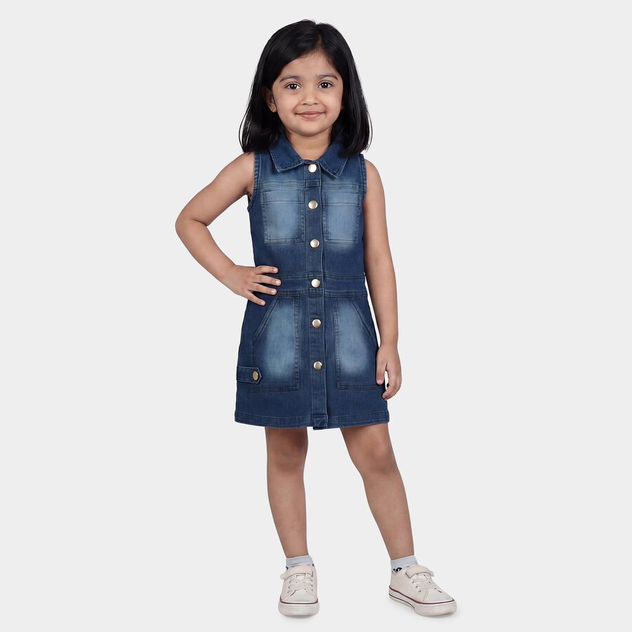 Girls' Blue Sleeveless Shirt Style Button Front Frock, मध्यम नीला, large