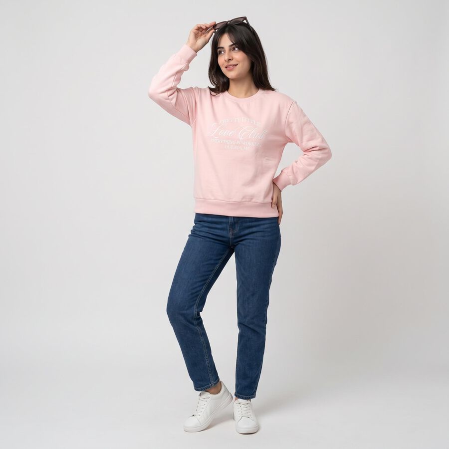 Women Pink Crew Neck Pullover Sweatshirt, हल्का गुलाबी, large