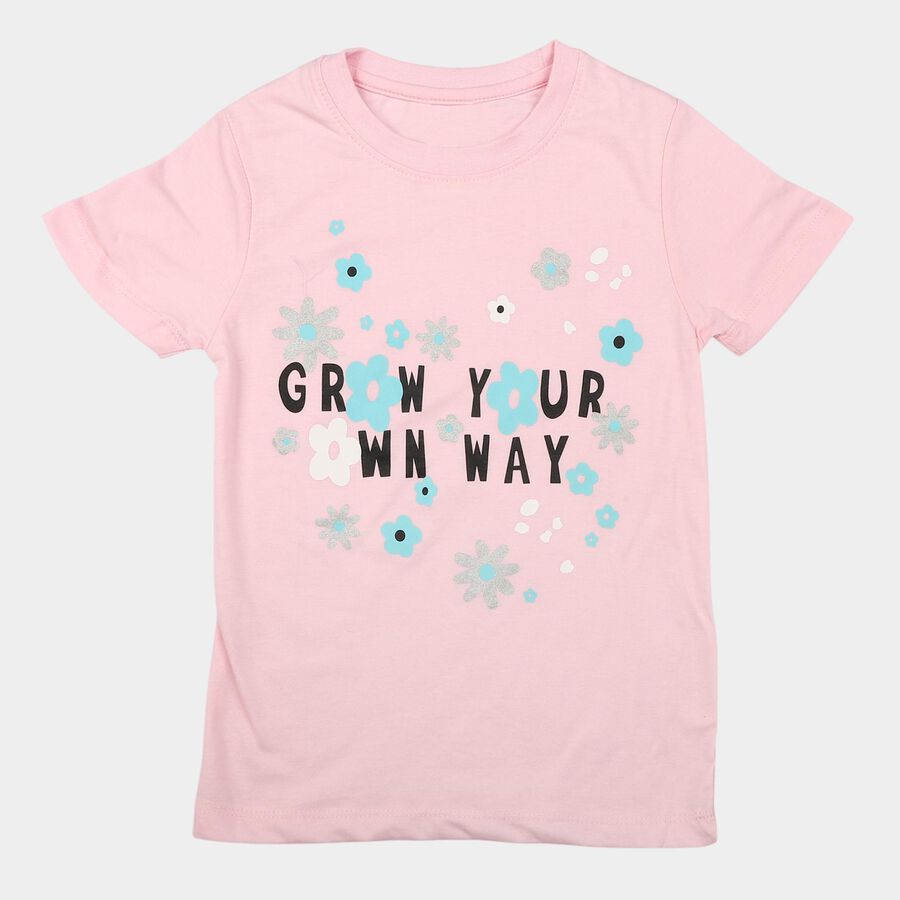 Girls Pink Round Neck Regular T-Shirt, Light Pink, large