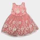 Girls' Pink Floral Embroidered Fit and Flare Frock, Pink, small