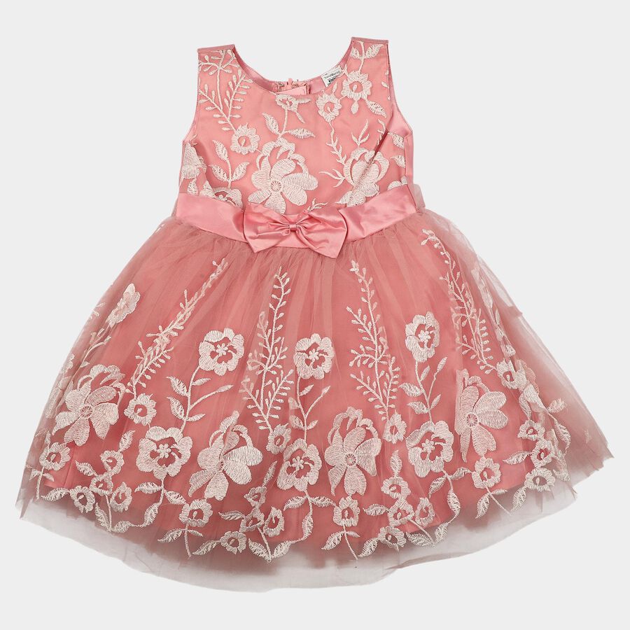 Girls' Pink Floral Embroidered Fit and Flare Frock, Pink, large