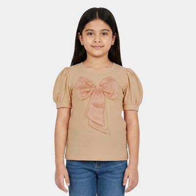 Girls Peach Round Neck Regular T-Shirt