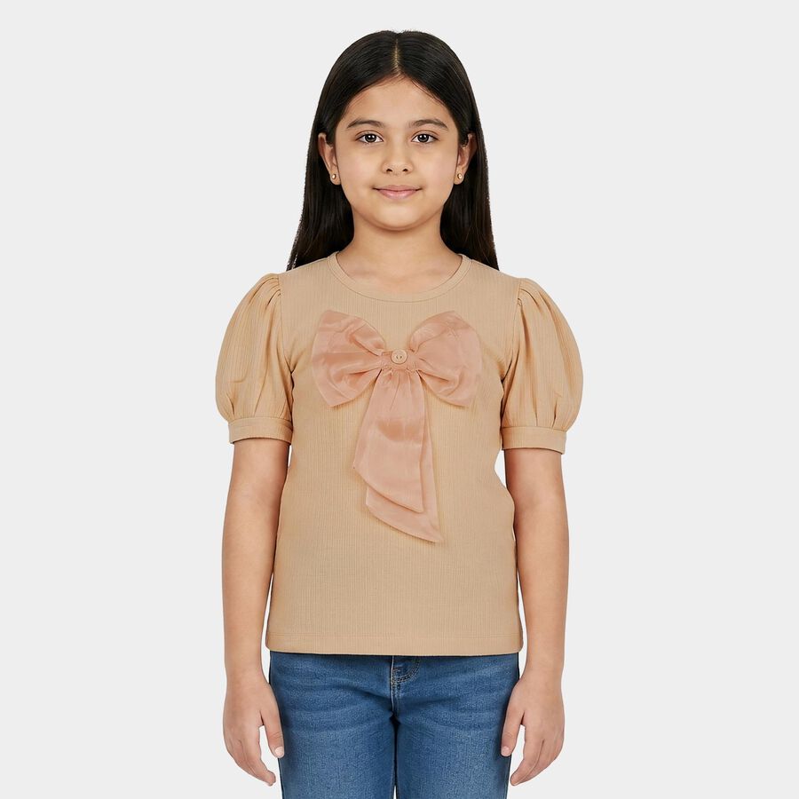 Girls Peach Round Neck Regular T-Shirt, पीच, large