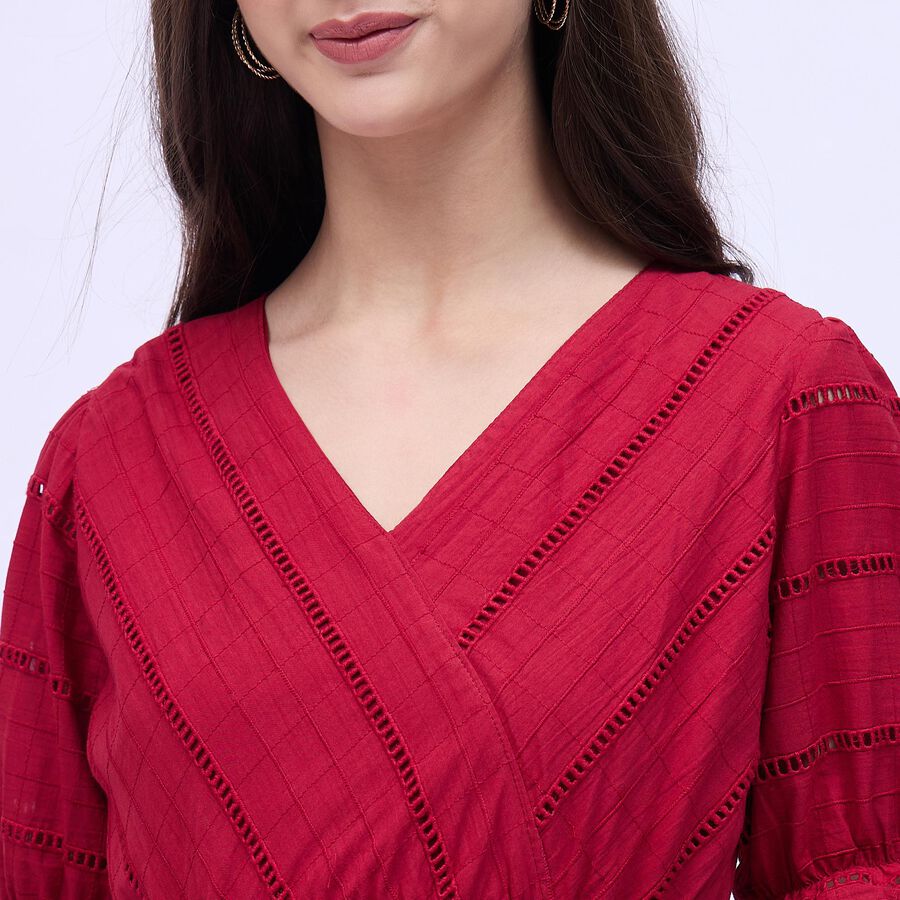 Women's Rich Crimson Red Cotton V-Neck Casual Midi Dress, Maroon, large image number null