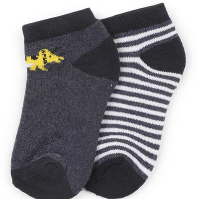Boys' Dark Charcoal Regular Fit Ankle-Length Dinosaur and Striped Socks Pack of 2