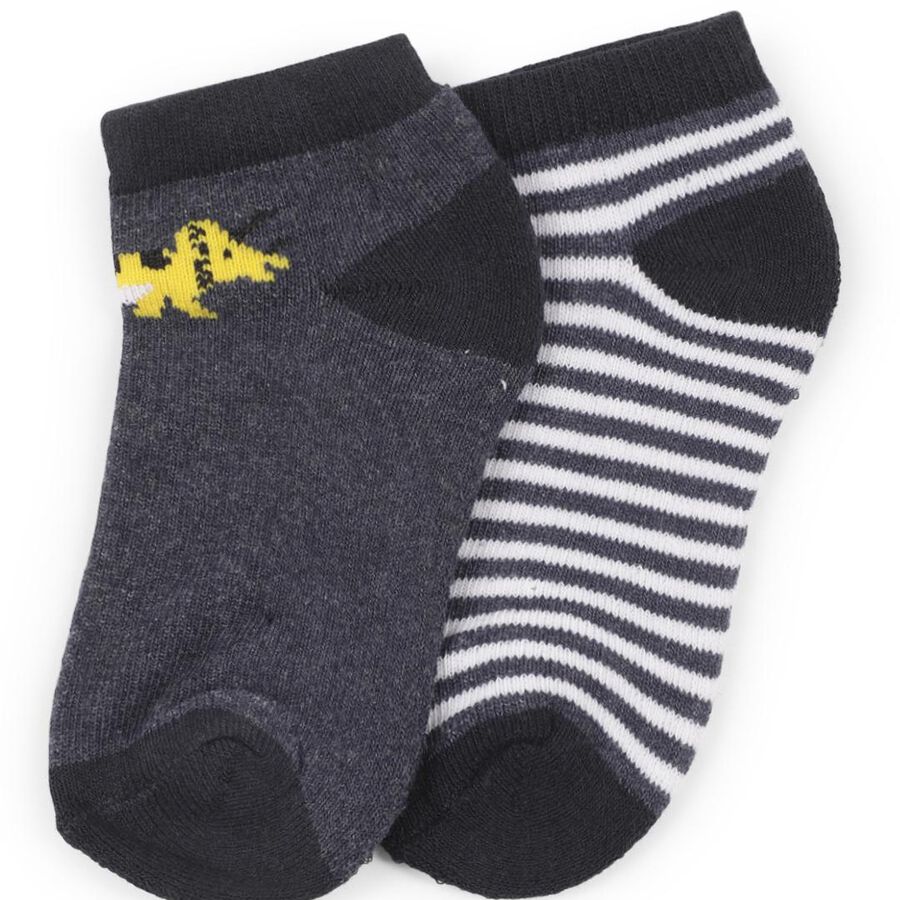 Boys' Dark Charcoal Regular Fit Ankle-Length Dinosaur and Striped Socks Pack of 2, Navy Blue, large image number null