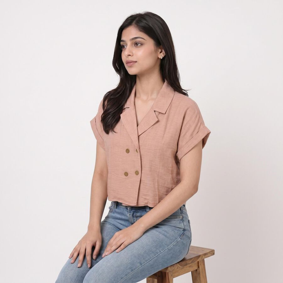 Women's Light Pink Camp Collar Regular Fit Shirt, हल्का गुलाबी, large
