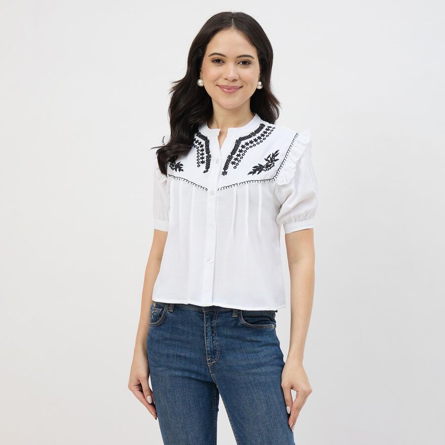 Women's Rich Eggshell White Mandarin Collar Classic Shirt, White, large