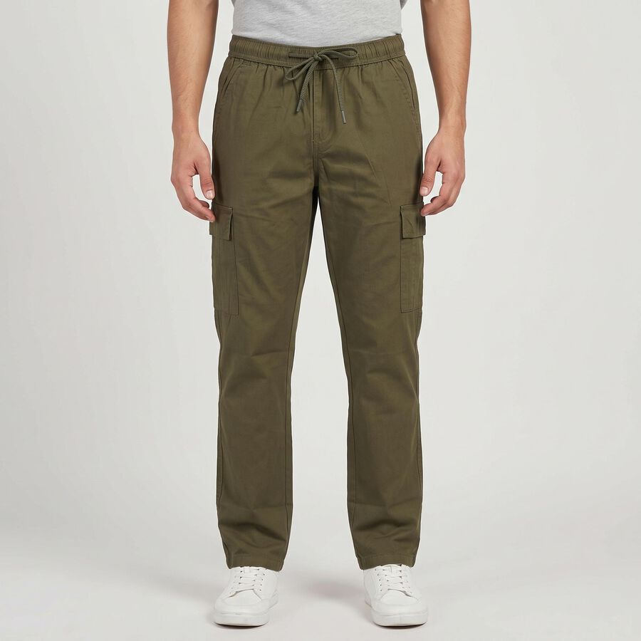 Men's Olive Green Slim Fit Cargo Trousers, Olive, large