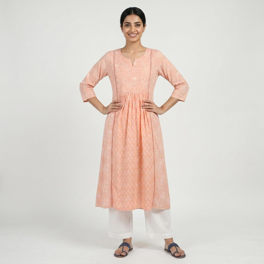 Women's 100% Light Pink Cotton Kurta, हल्का गुलाबी, large