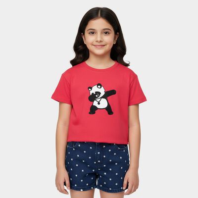 Girls' Fuchsia Cotton Round Neck Graphic Printed T-Shirt