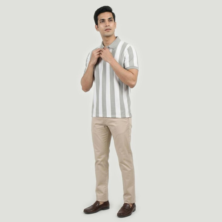 Men's Grey Polo Neck Striped T-Shirt, Light Grey, large