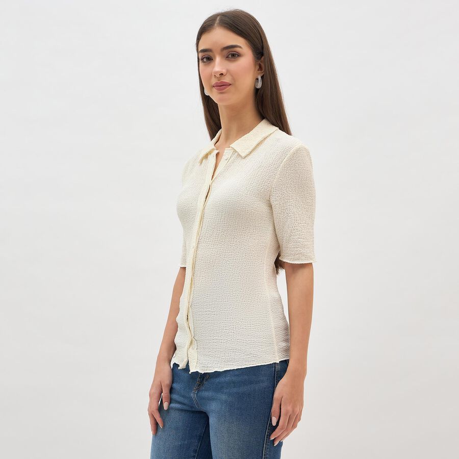 Women's White Textured Classic Shirt, White, large