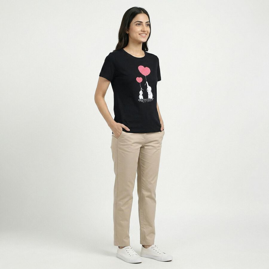 Women's Black Cotton Round Neck Casual T-Shirt, काला, large